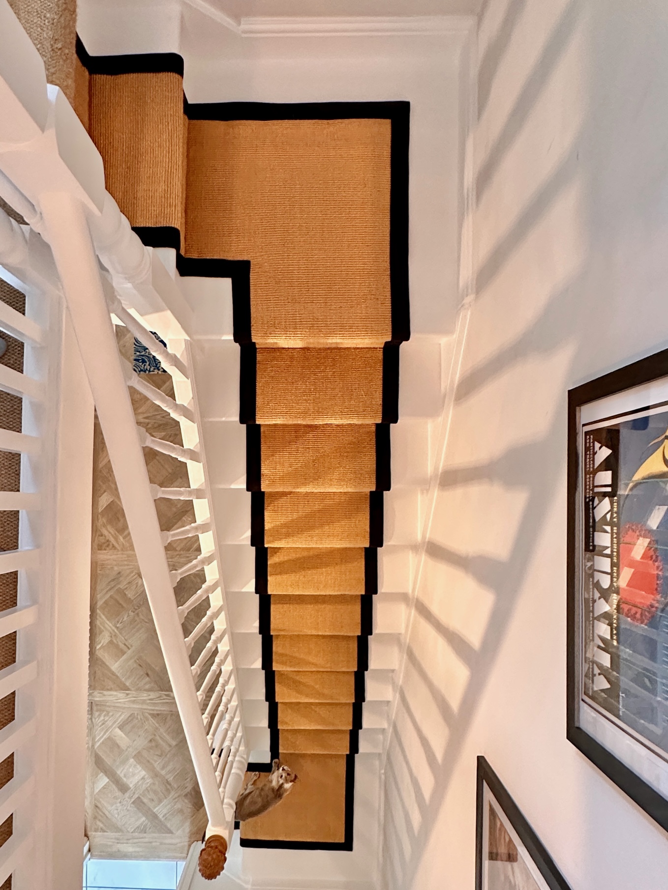 Golden sisal boucle stair runner with black cotton border