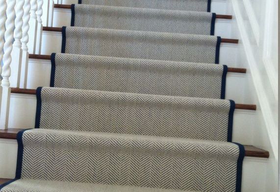 Flatweave herringbone stair runner with a navy border, Roger Oates style