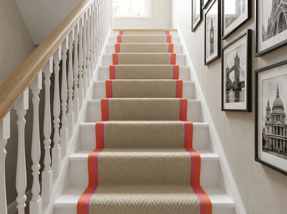 Herringbone faux sisal stair runner with orange and pink border tape